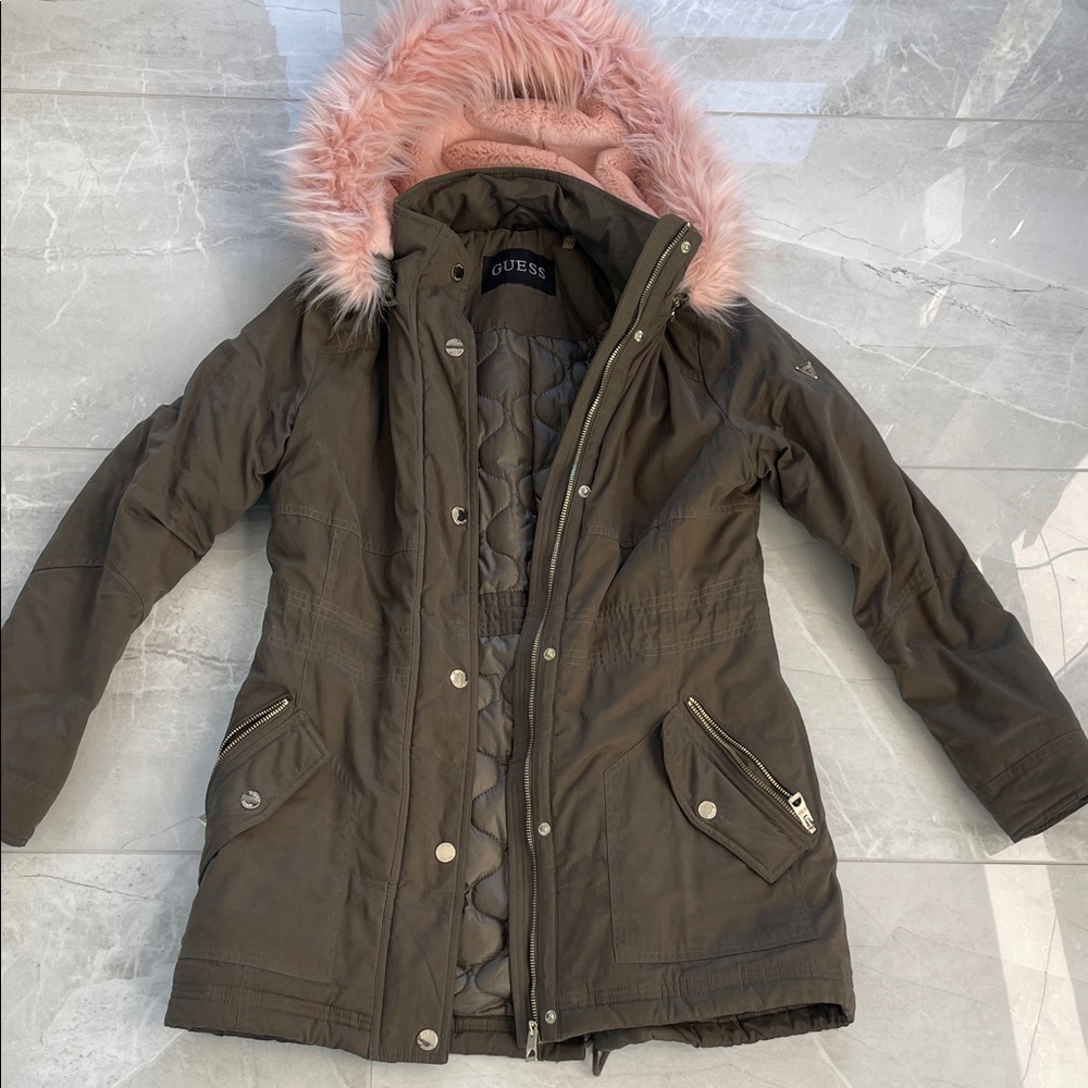 Guess Olive Parka with Pink Fur Trim